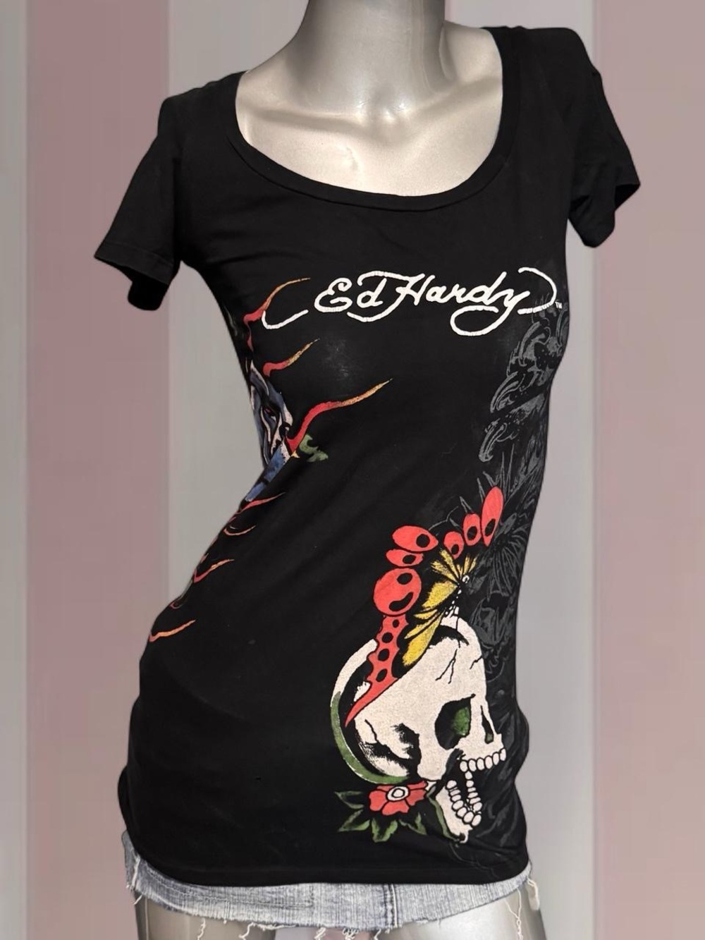 Edhardy Vintage Y2K Tattoo Longline Baby Tee